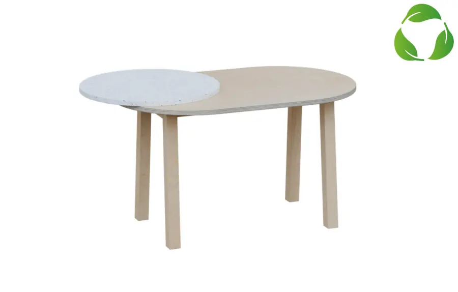 ECO 12 P konferenční stolek, pravý, masivní dřevěná podnož, deska 18 mm, 500x1020x625, překližka bříza/upcyklovaný plast